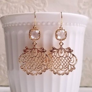 Clear Crystal Gold Filigree Earrings, Bridal Earrings, Gold Chandelier Earrings Baroque lace, Crystal Earrings, Earrings Gift