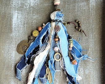 Western tassel, Denim fabric tassel, Western jewelry, Native American tribe tassel, Western bag charm, Boho tassel, Denim key chain gift