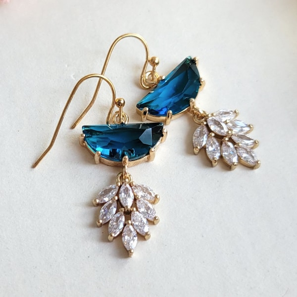 Teal crystal earrings CZ drop earrings Gift for her Teal drop earrings Wedding earrings Bridal CZ leaf earrings Statement earrings Art deco