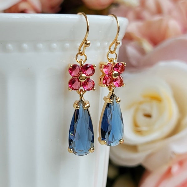 Navy blue crystal drop earrings Pink earrings Rose pink flower Bridal earrings Blue dangling earrings Fuchsia pink CZ earrings Gift for her