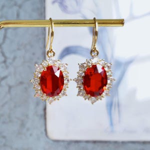 Red Crystal Drop Earrings, Gold Plated CZ Halo, Bridal Jewelry image 1
