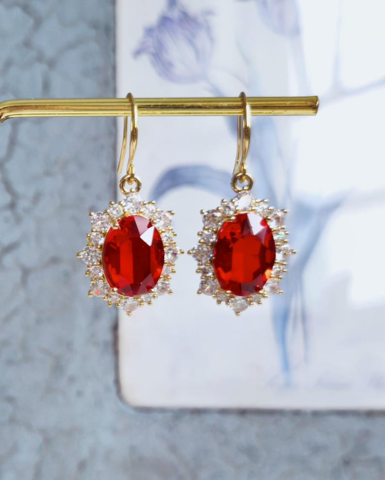 Red Crystal Drop Earrings, Gold Plated CZ Halo, Bridal Jewelry image 1