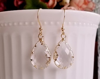 Crystal dangling earrings, Bridal teardrop earrings, Gold and clear drop earring, Gift for hers, Bridesmaid earrings, Simple drop