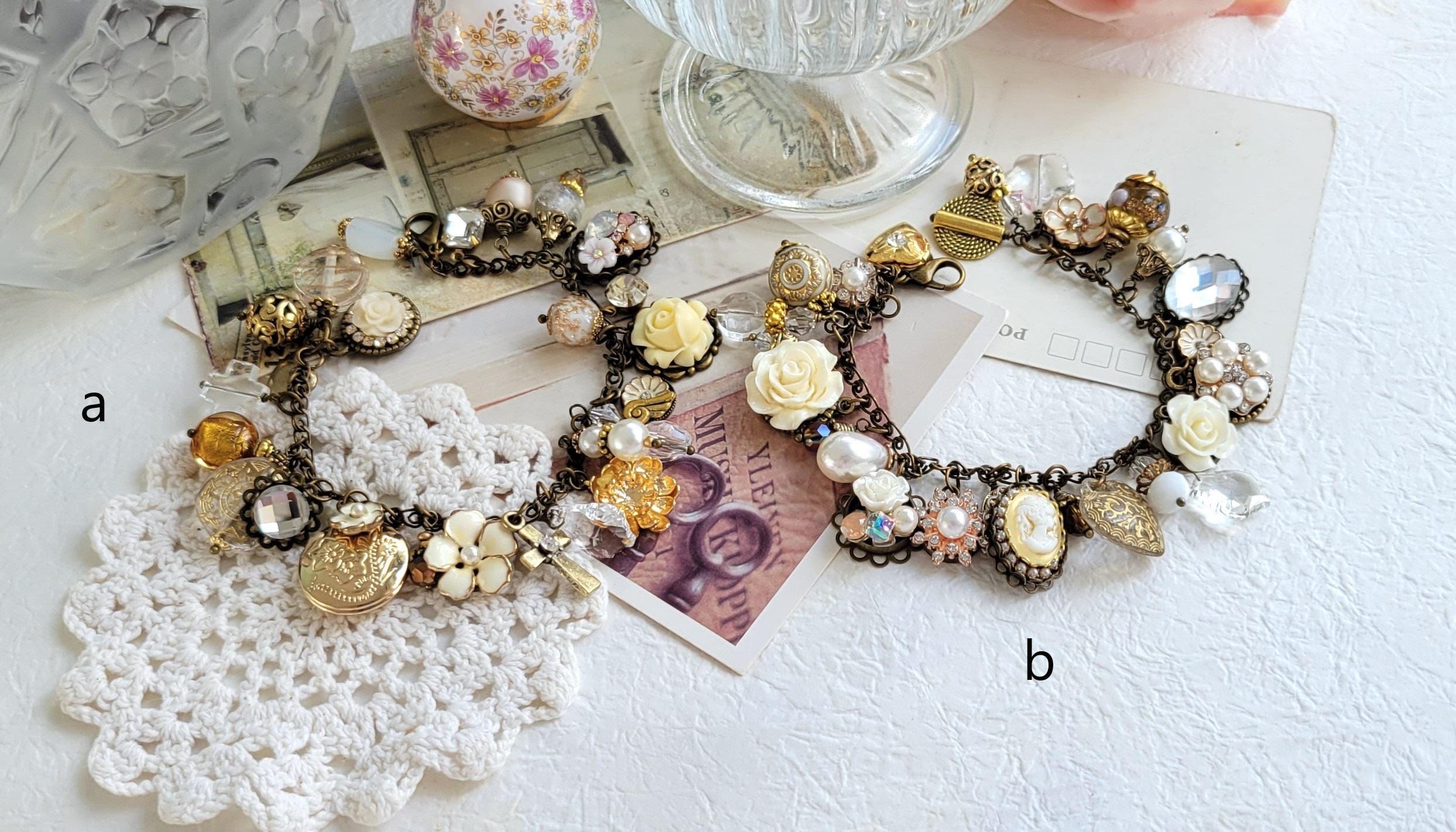 Vintage Victorian Charm Bracelet - Brass, Roses, Pearls Bridal 