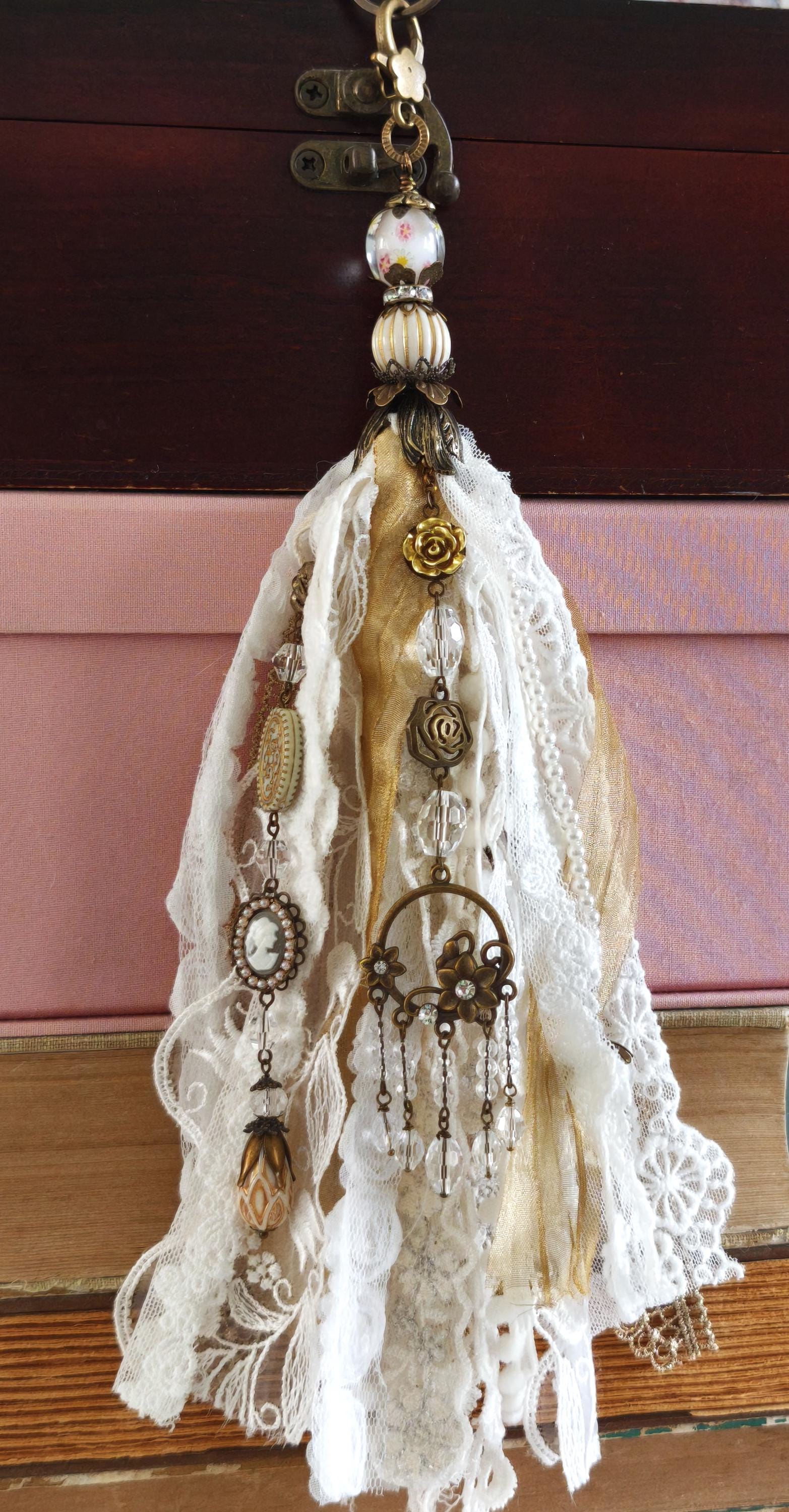 Ivory Keychain Ivory Lace Tassel Keychain, Shabby Chic Beaded Decor, French Country ...
