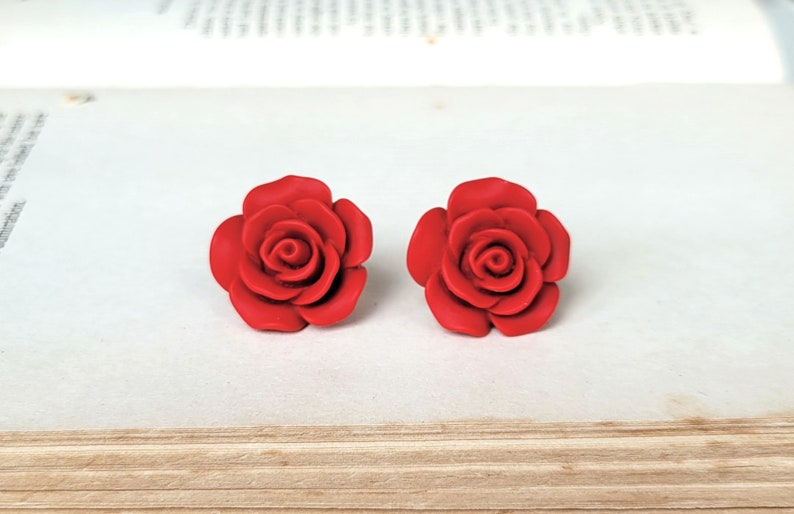 Red Flower earrings, Large Flower stud earring, Matte red rose earrings gift, S925 Sterling silver post earring, Christmas flower earring image 7