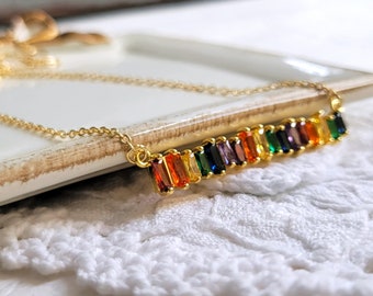 Rainbow Pendant Necklace, CZ Rainbow Bar Necklace, Gold Necklace, Rainbow Necklace, Rainbow Jewelry Gift, Gold and Rainbow necklace