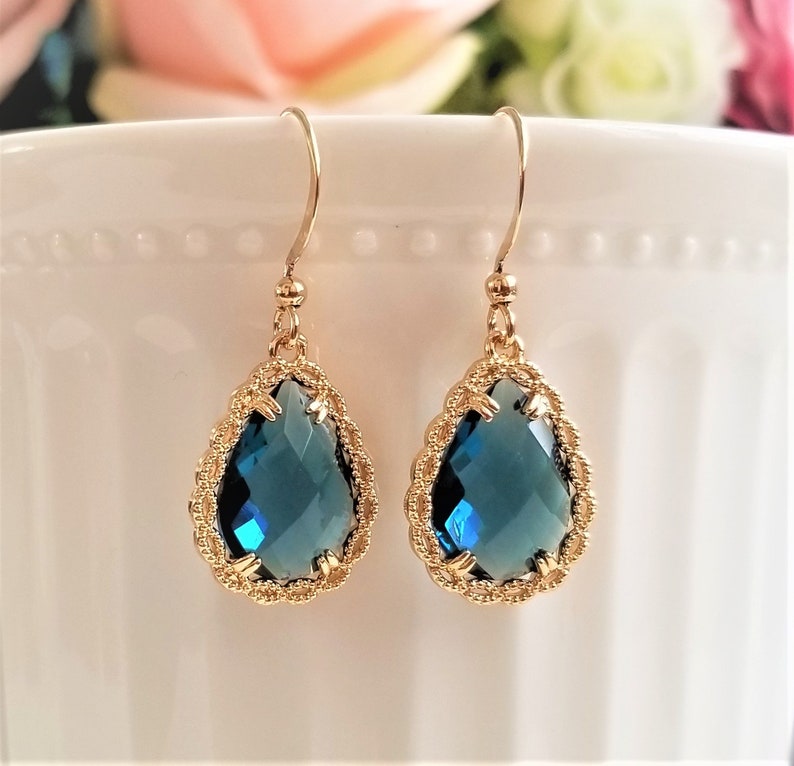 Navy blue drop earrings, Teardrop earrings, Bridal earrings, Blue and gold earrings, Wedding earrings, Something blue, Simple drop earrings image 9