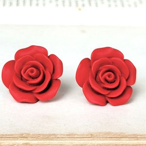 Red Flower earrings, Large Flower stud earring, Matte red rose earrings gift, S925 Sterling silver post earring, Christmas flower earring image 2