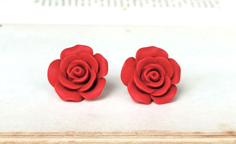 Red Flower earrings, Large Flower stud earring, Matte red rose earrings gift, S925 Sterling silver post earring, Christmas flower earring image 2