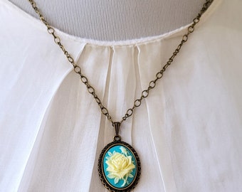 Turquoise cameo pendant, Victorian style cameo pendant necklace, Floral cameo pendant, Cameo necklace, Rose cameo