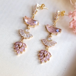 Pink dangle earrings, CZ Baguette stud earrings, Antique inspired wedding earrings, S925 post Art Deco earrings, Pink and gold earrings