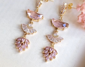 Pink dangle earrings, CZ Baguette stud earrings, Antique inspired wedding earrings, S925 post Art Deco earrings, Pink and gold earrings