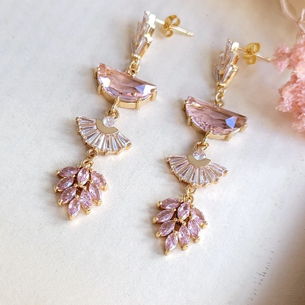 Pink dangle earrings, CZ Baguette stud earrings, Antique inspired wedding earrings, S925 post Art Deco earrings, Pink and gold earrings