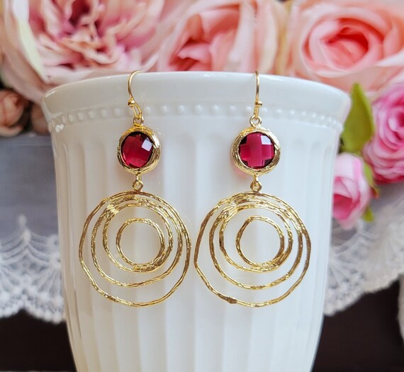 Ruby Crystal Gold Filigree Earrings, Red Geometric Drop Earrings