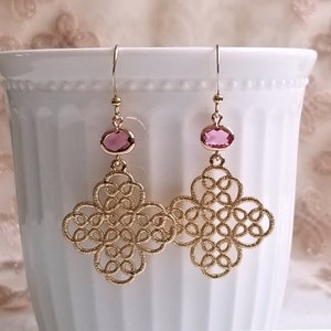 Lace Filigree Crystals Earrings Pink and Gold Wedding Bridal Earrings Pink Crystal Earrings Bridesmaid Gift Earrings Gold Lace Earrings