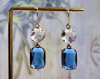Blue and clear drop earrings, Blue drop earrings, Sapphire drop earrings, Bridal earrings, Cushion cut dangling earrings, Blue and gold