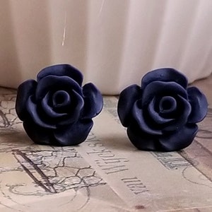 May include: A pair of dark blue rose-shaped stud earrings.