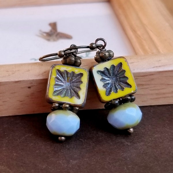 Czech glass earrings, Boho earrings, Yellow and baby blue Czech glass, Gift earrings, Rustic earrings, Czech glass Picasso earrings
