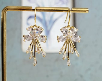 Firework earrings, CZ drop earrings, Gold and CZ earrings, Bridal crystal earrings, Cubic Zirconia bridal earrings, Starburst earrings