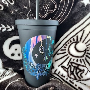 Crystal Moon Acrylic Cup with Straw Flower Moon Tumbler Witchy Tumbler Holographic Decal image 2