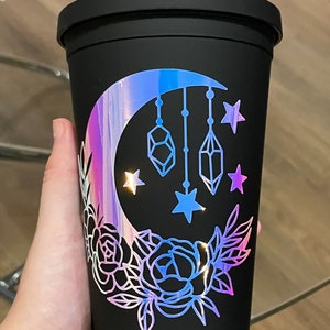 Crystal Moon Acrylic Cup with Straw | Flower Moon Tumbler | Witchy Tumbler | Holographic Decal