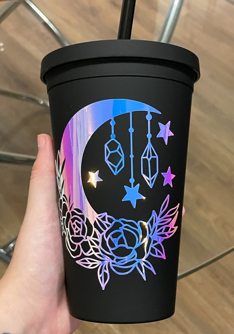 Crystal Moon Acrylic Cup with Straw Flower Moon Tumbler Witchy Tumbler Holographic Decal image 1