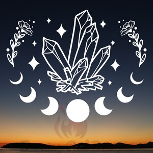 May include: A white outline illustration of a crystal cluster with a full moon and crescent moons surrounding it. The background is a gradient of blue and orange.