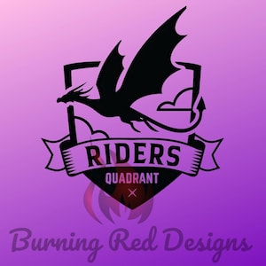 May include: Black and white logo design featuring a dragon flying inside a shield with the text "RIDERS QUADRANT" below. The logo is on a purple background.