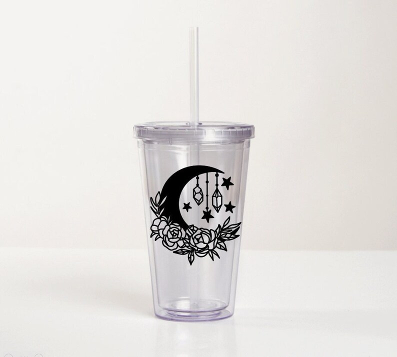 Crystal Moon Acrylic Cup with Straw Flower Moon Tumbler Witchy Tumbler Holographic Decal image 3