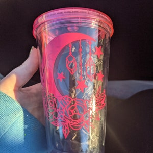 Crystal Moon Acrylic Cup with Straw Flower Moon Tumbler Witchy Tumbler Holographic Decal image 6
