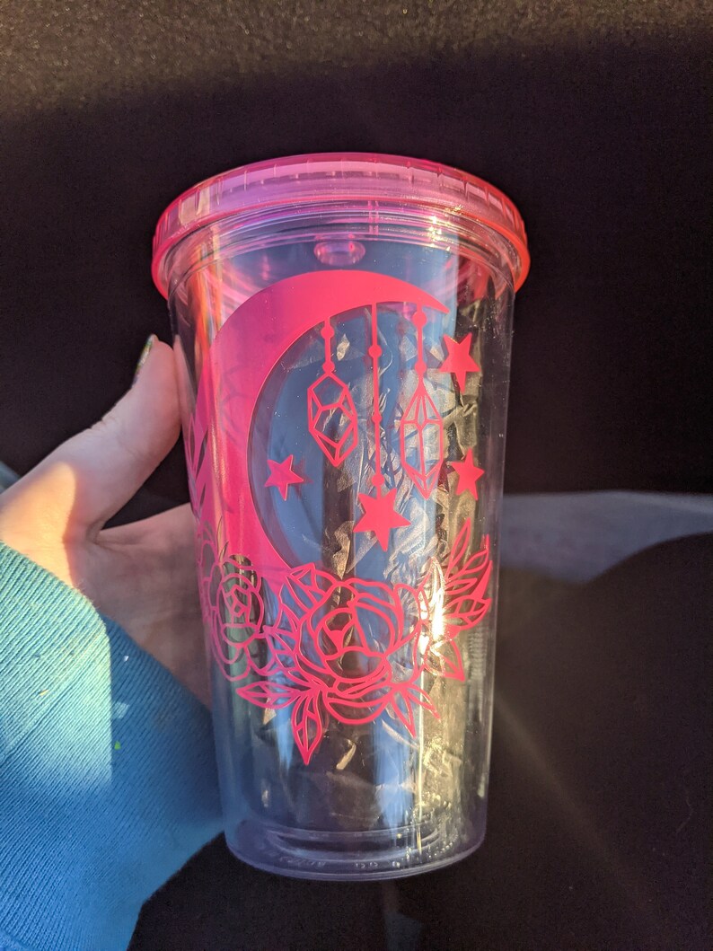 Crystal Moon Acrylic Cup with Straw Flower Moon Tumbler Witchy Tumbler Holographic Decal image 6