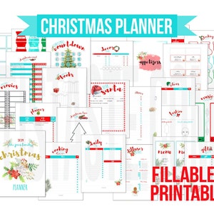 Kerstplanner invulbaar / bewerkbaar en afdrukbaar Organiseer vakantiemenuplan Decor binder recepten print groenblauw rood groen aqualijst kerstman afbeelding 1