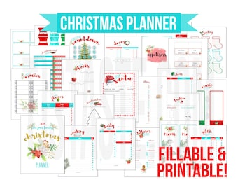 Christmas Planner (Fillable/Editable & Printable) Organize Holiday Menu Plan Decor Binder Recipes Print Teal Red Green Aqua List Santa