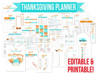 Thanksgiving Planner (Editable/Fillable & Printable) Organize Organizer Print Fall Orange Teal Aqua Pumpkin Menu Plan List Binder THM Keto