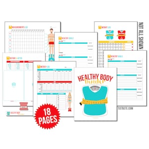 Könnte beinhalten: Eine Sammlung von 18-seitigen, druckbaren Gesundheits- und Fitnesstrackern. Die Seiten umfassen ein Messprotokoll, ein Wochenprotokoll, ein Gewichtsprotokoll und einen Tracker für gesunde Ziele. Das Cover zeigt eine türkisfarbene Waage mit Maßband.
