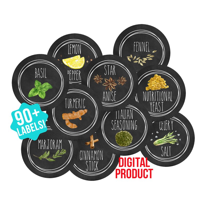 Afdrukbare Spice Lid Labels Avery Labels Digitale Download Kruiden en specerijen Spice Jar Mason Jar Krijtbord Aquarel Print DIY Organiseren afbeelding 4