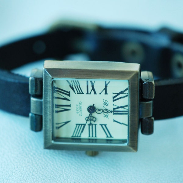 Leather watch, Retro square leather watch, leather wrap  watch, antique watch, leather wrap watch,  vintage watch, ww-181 black