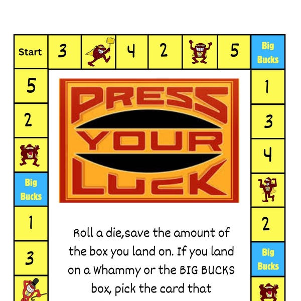 Press Your Luck Board Game savings challenge, Savings Tracker, PDF Printable, Savings Challenge, Budgeting, Low Income