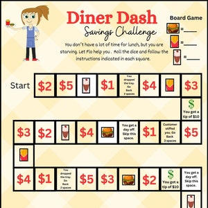 May include: A yellow and orange game board with a diner theme. The board has squares with different dollar amounts and images of food. The game is called "Diner Dash Savings Challenge".