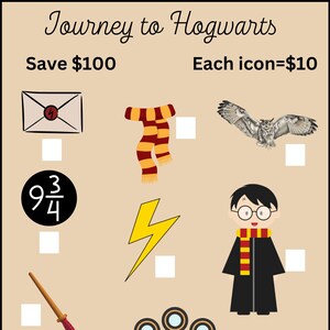 Peut inclure: Un jeu imprimable pour enfants avec des icônes sur le thème d'Harry Potter. Le jeu s'intitule "Voyage à Poudlard" et comprend une liste de prix pour chaque icône. Le texte "Économisez 100 €" est également inclus.