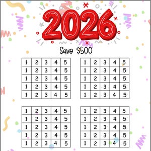 Pode incluir: Um rastreador de poupança colorido com o ano "2026" em letras vermelhas grandes. O texto "Save $500" está abaixo. Várias grades com os números 1-5 são exibidas, com alguns números destacados em verde.