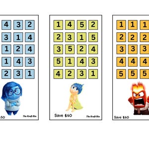 Puede incluir: Tres tarjetas de juego coloridas con personajes de la película "Del revés". Cada tarjeta muestra una cuadrícula de números y una imagen de personaje. Las tarjetas tienen el texto "Save 50$" y "Save 60$" en la parte inferior.