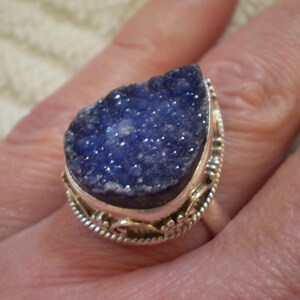 Blue Drusy (Natural) 925 Sterling Silver Ring Size 7.75