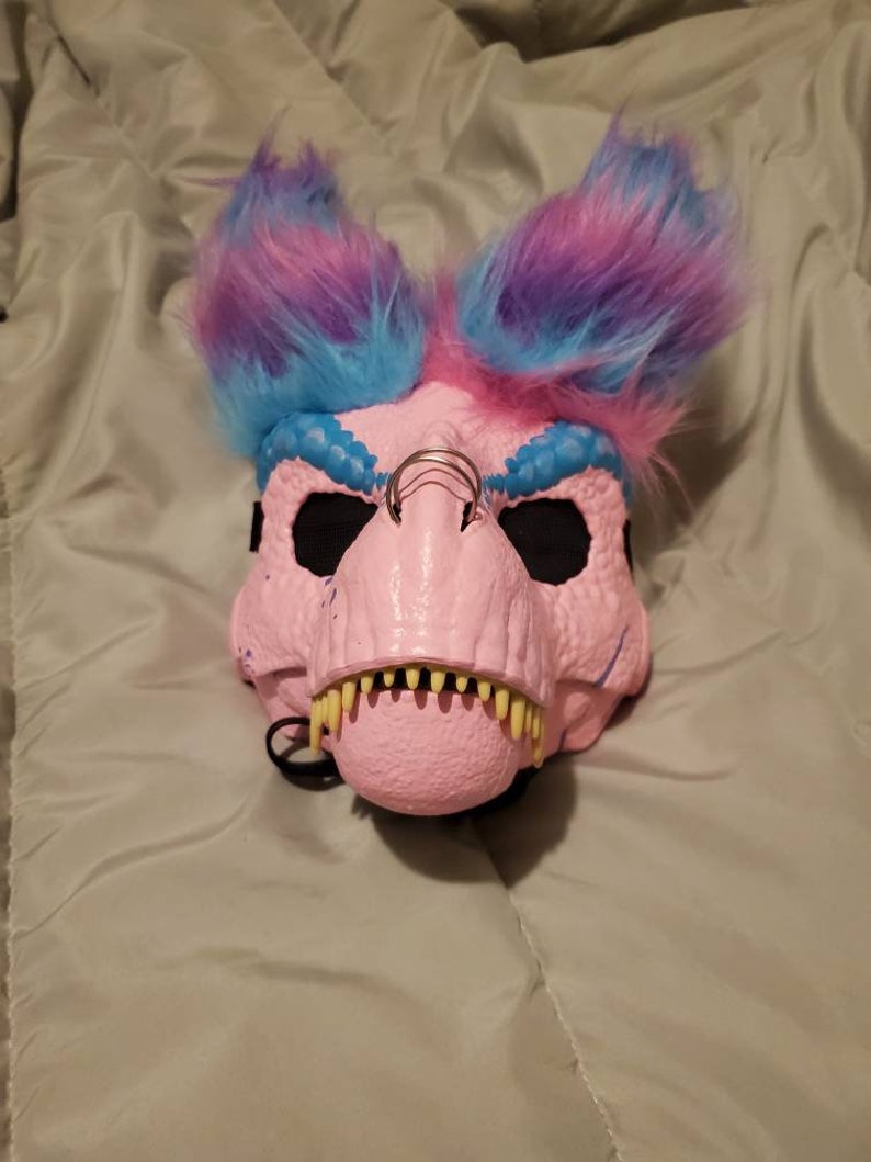 Customizable dino mask painted furry t-rex mask with big custom ears and moveable jaw Masks