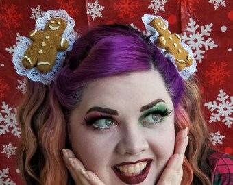 Lace Trimmed Gingerbread Man Christmas Holiday Hair Clip and Brooch Pin