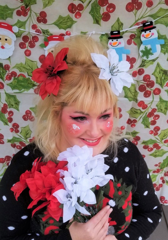 Red and White Poinsettia Holiday Hair Clips - Etsy