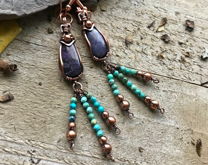 Sugilite and turquoise earrings,turquoise jewelry,copper earrings,sugilite earrings,beaded turquoise earrings,wire wrapped jewelry