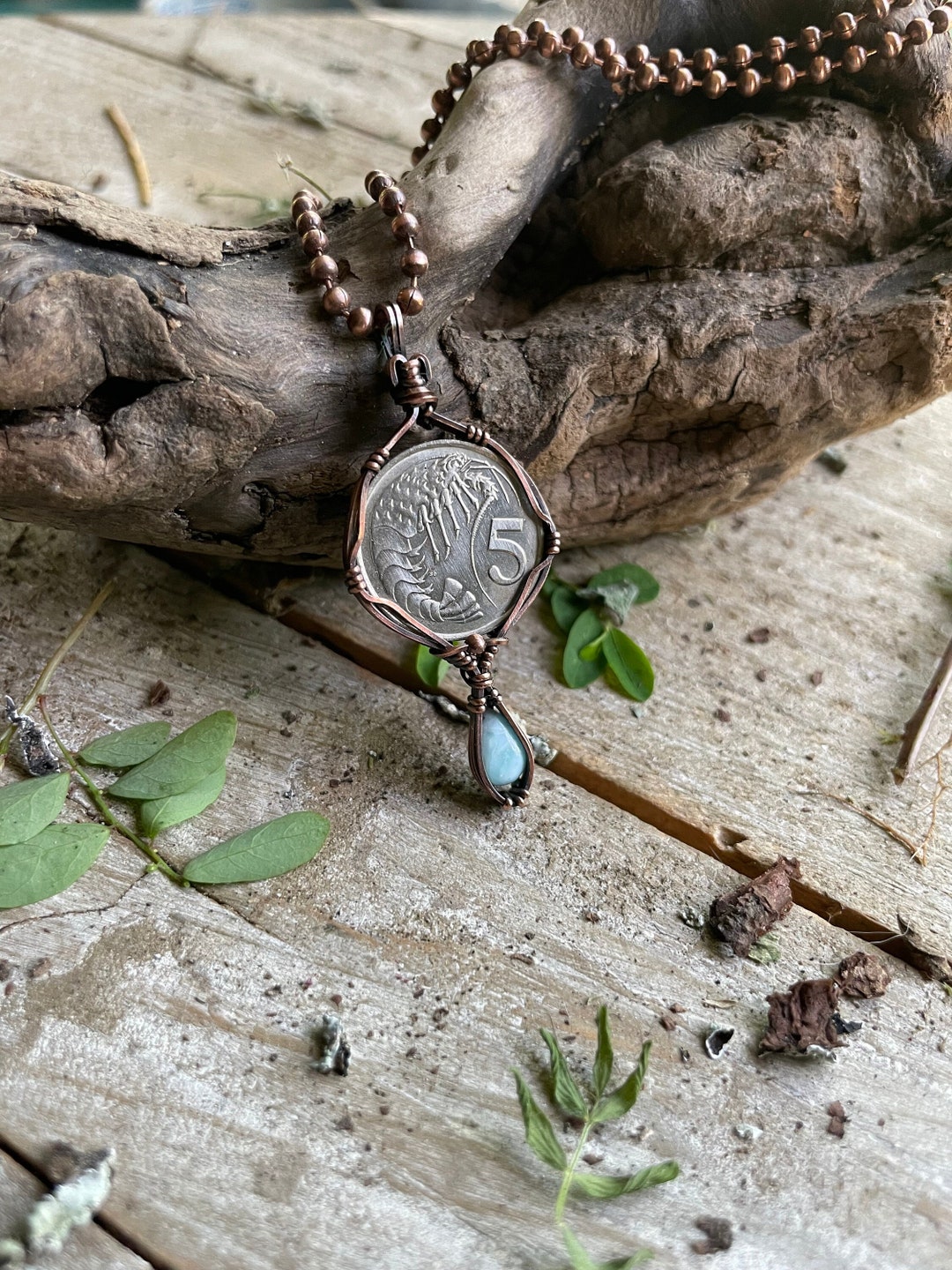 Coin and Larimar Pendant,lobster Pendant,wire Wrapped Pendant, Copper ...