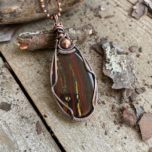 Tiger iron pendant, Tiger iron jewelry, wire wrapped pendant,copper pendant, Tiger iron necklace,copper jewelry, gold stone pendant